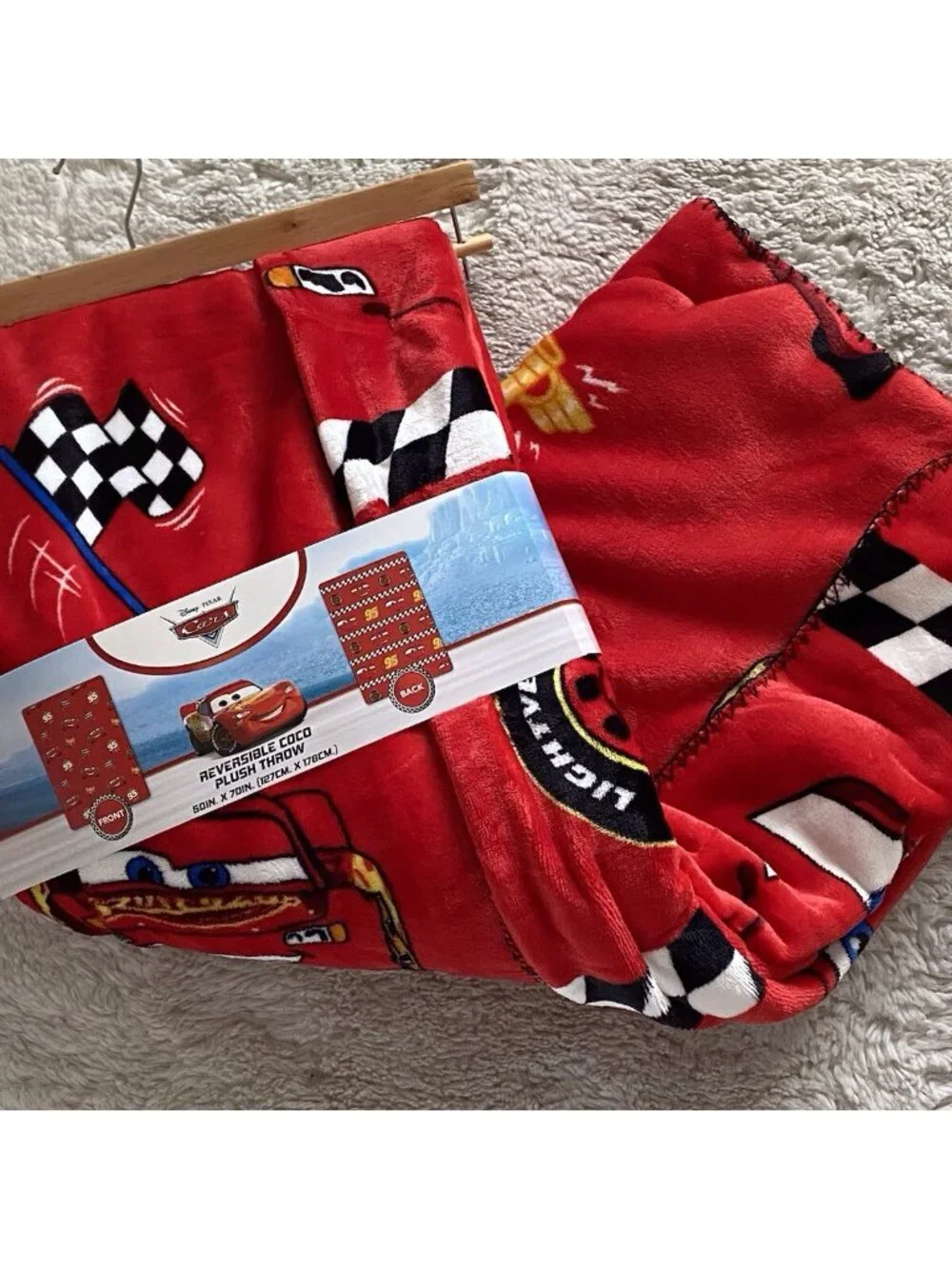 DISNEY Pixar CARS LIGHTNING MCQUEEN Reversible Coco Throw Blanket 50‎ X 70” NEW